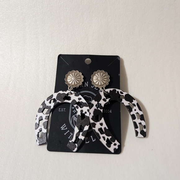 Black and White Cow Print Earrings - Picture 2 of 6